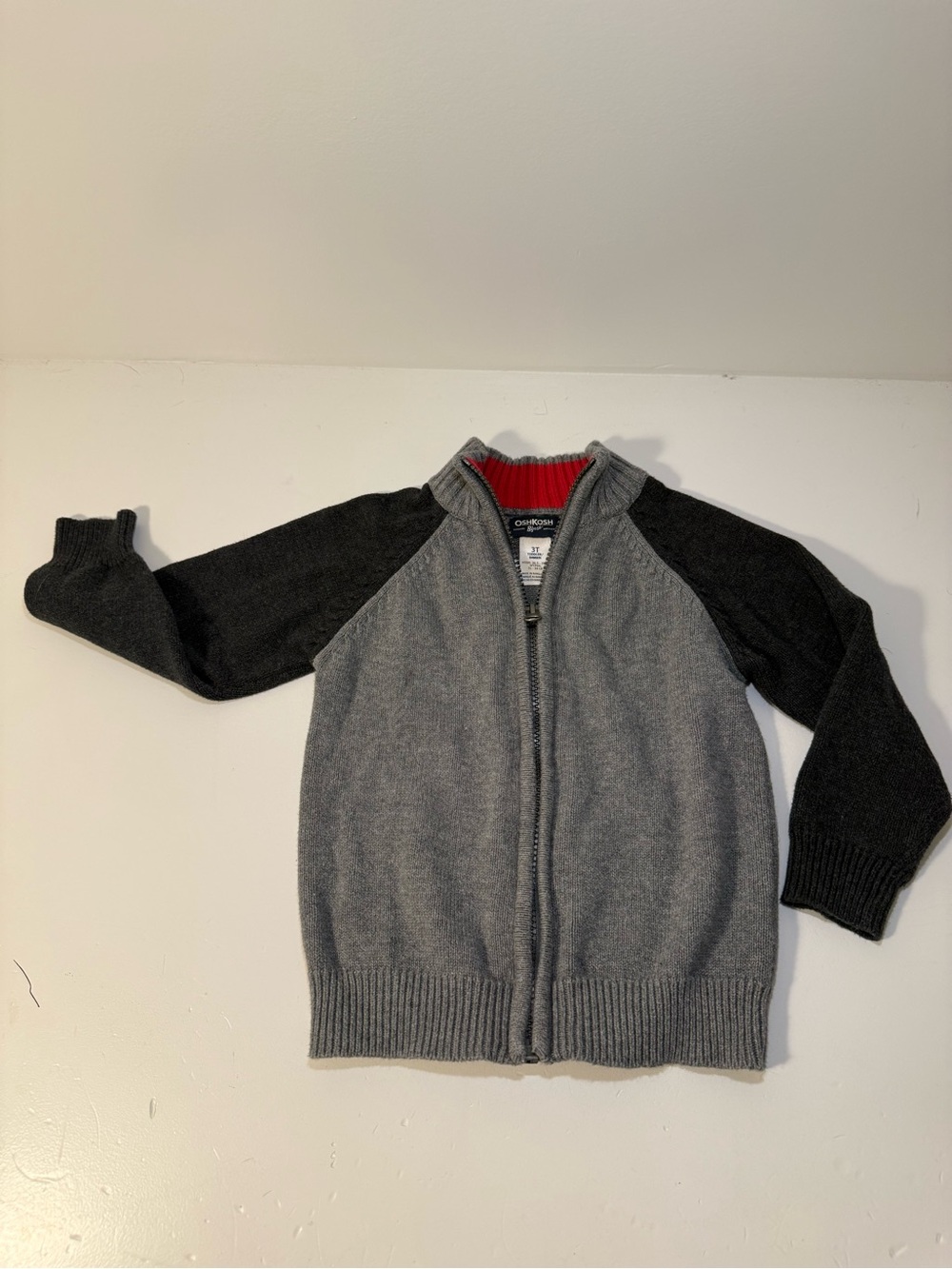 OshKosh B’gosh 3T Boys Grey Full Zip Knit Sweater 100% cotton